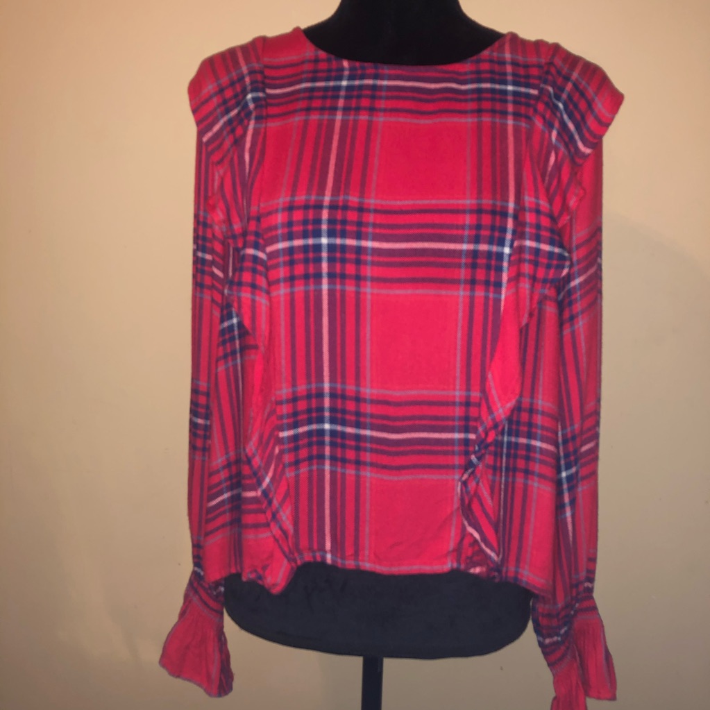 Kensie Red Plaid Blouse With Ruffle Details